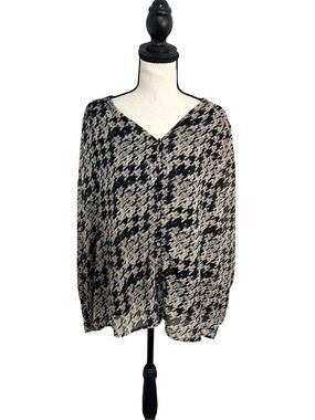 Haver London 1X Sheer Houndstooth Blouse Black Ivory Balloon Sleeve
